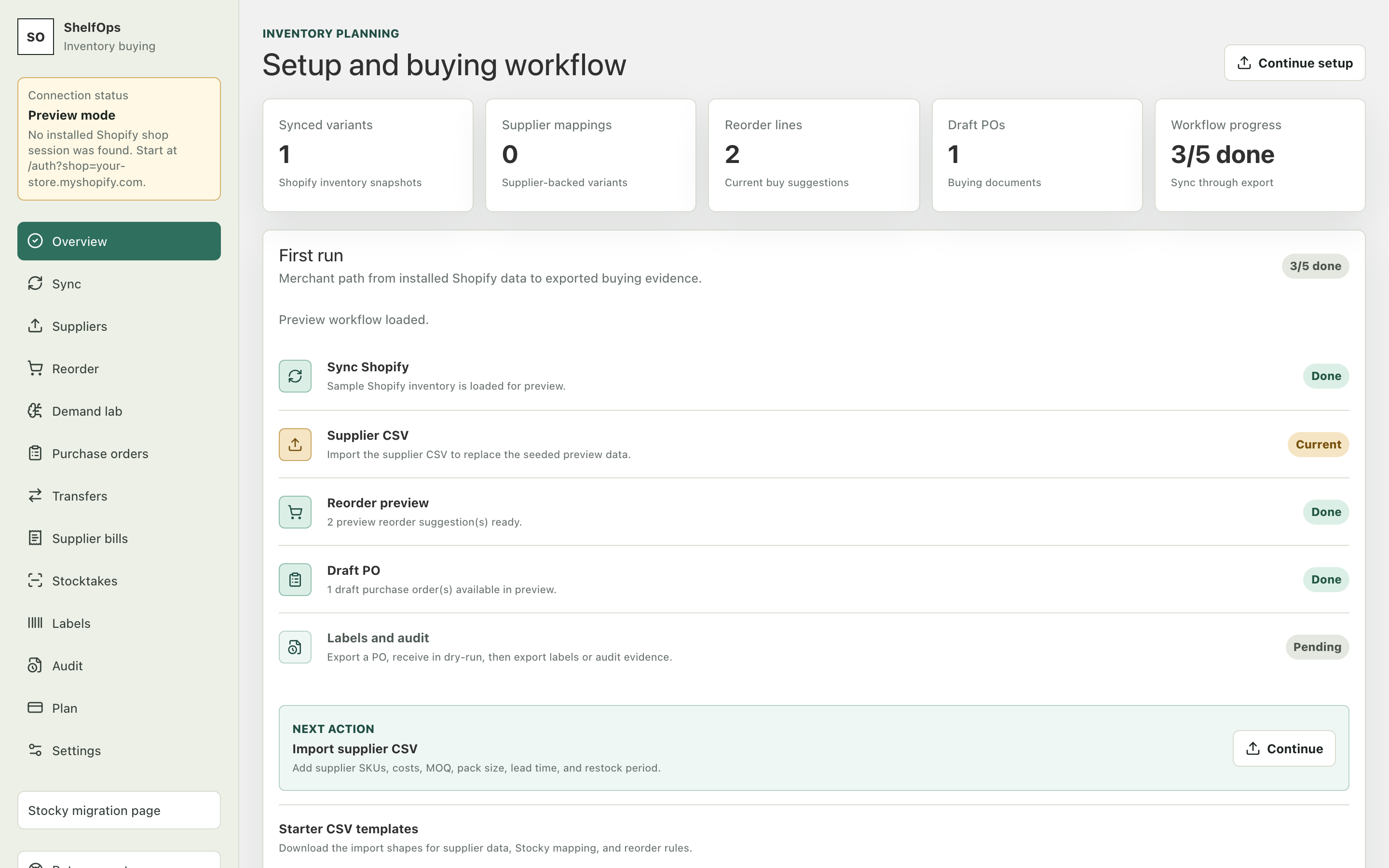 ShelfOps Overview showing setup progress and the first buying workflow