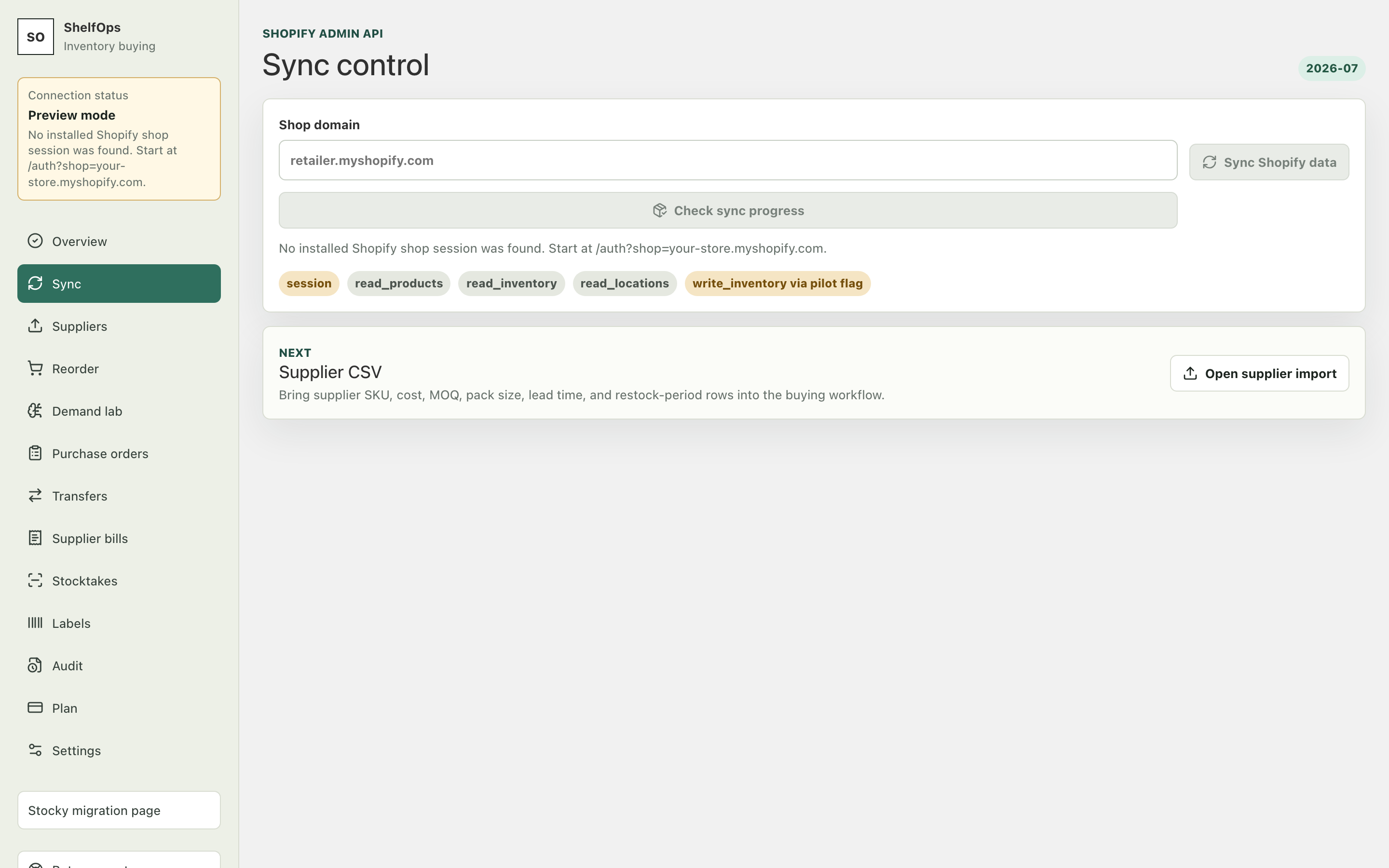ShelfOps Sync control showing Shopify inventory synchronization status