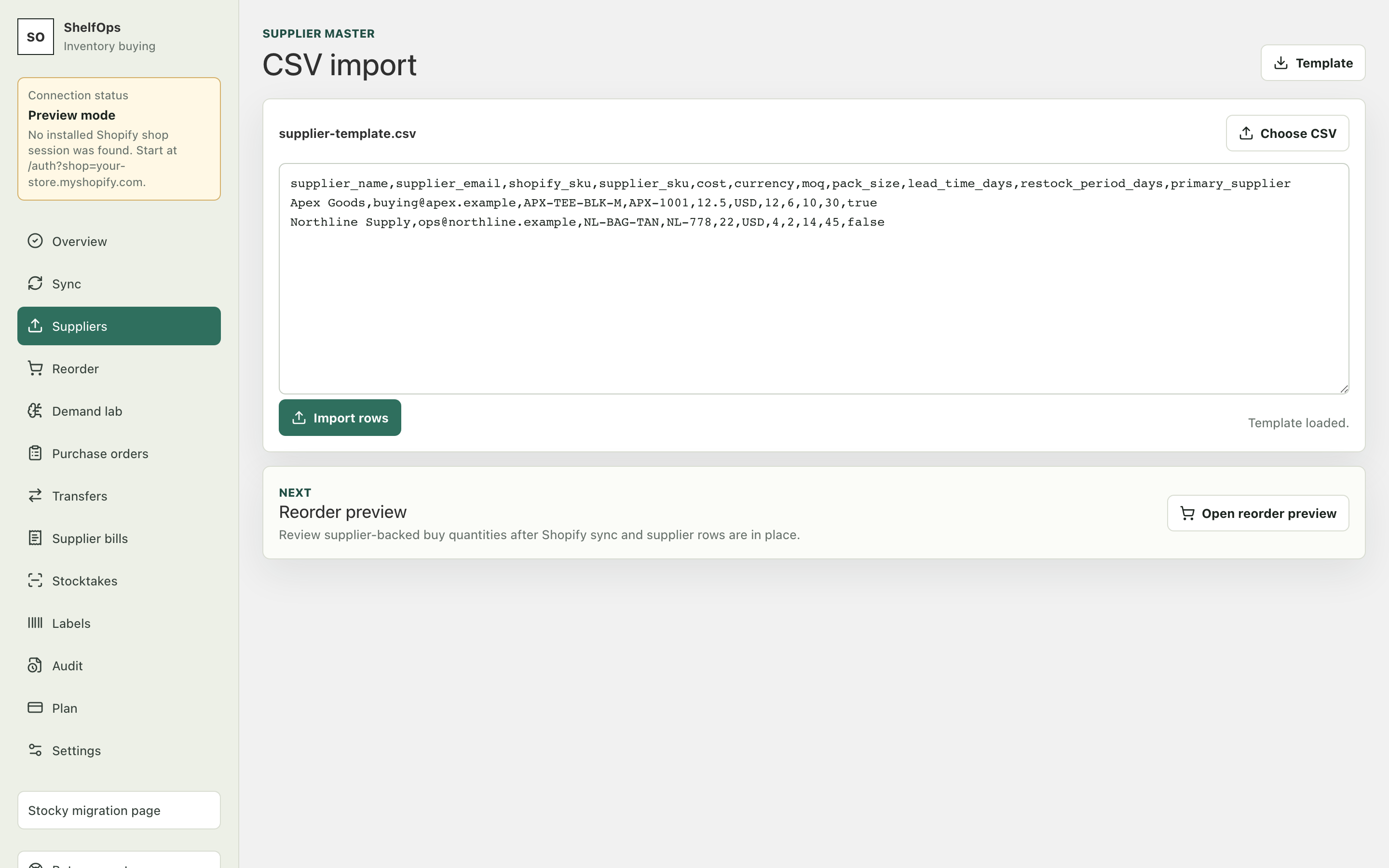 ShelfOps Suppliers page with CSV import and supplier mapping controls