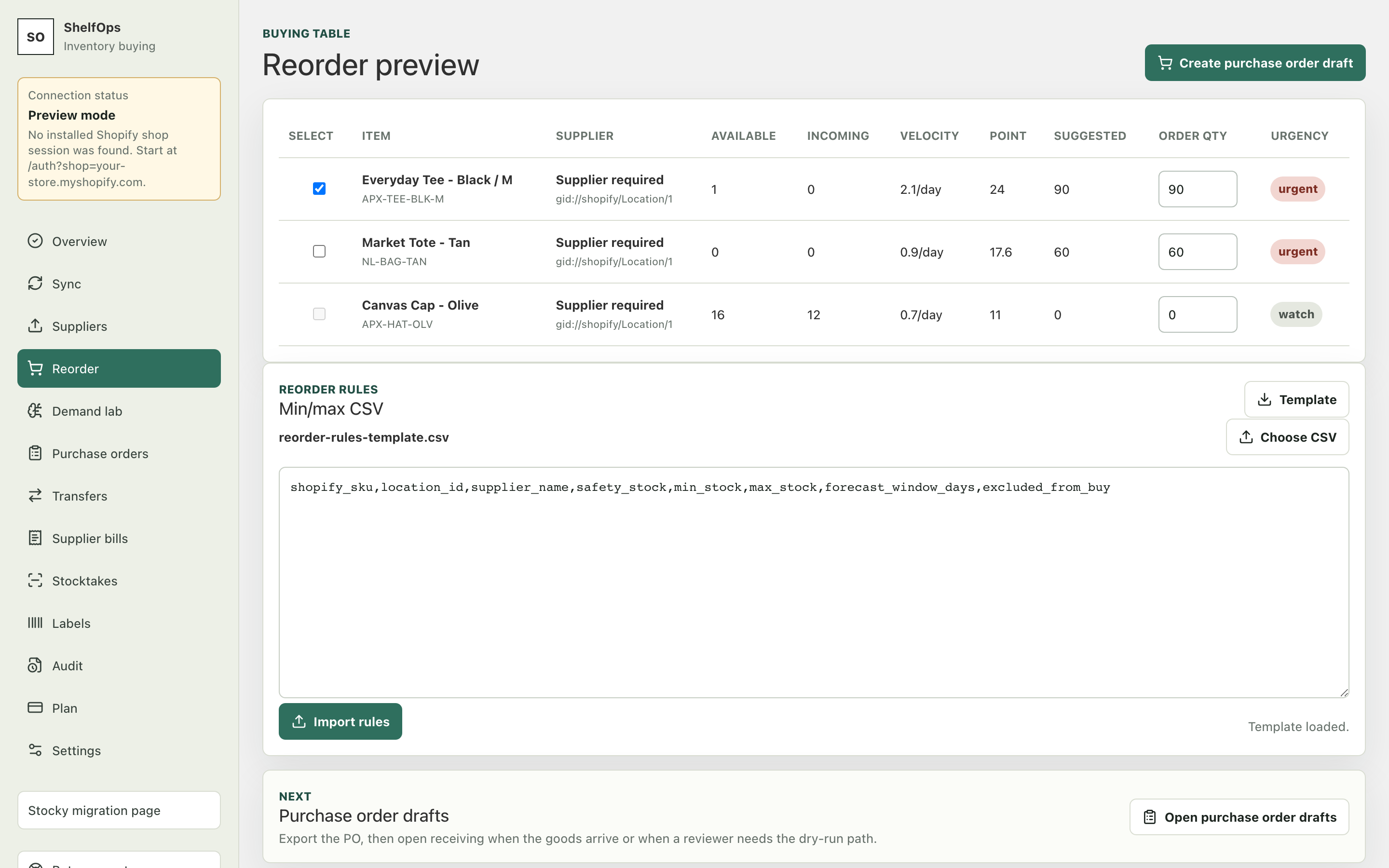 ShelfOps Reorder preview with suggested and manual purchase quantities