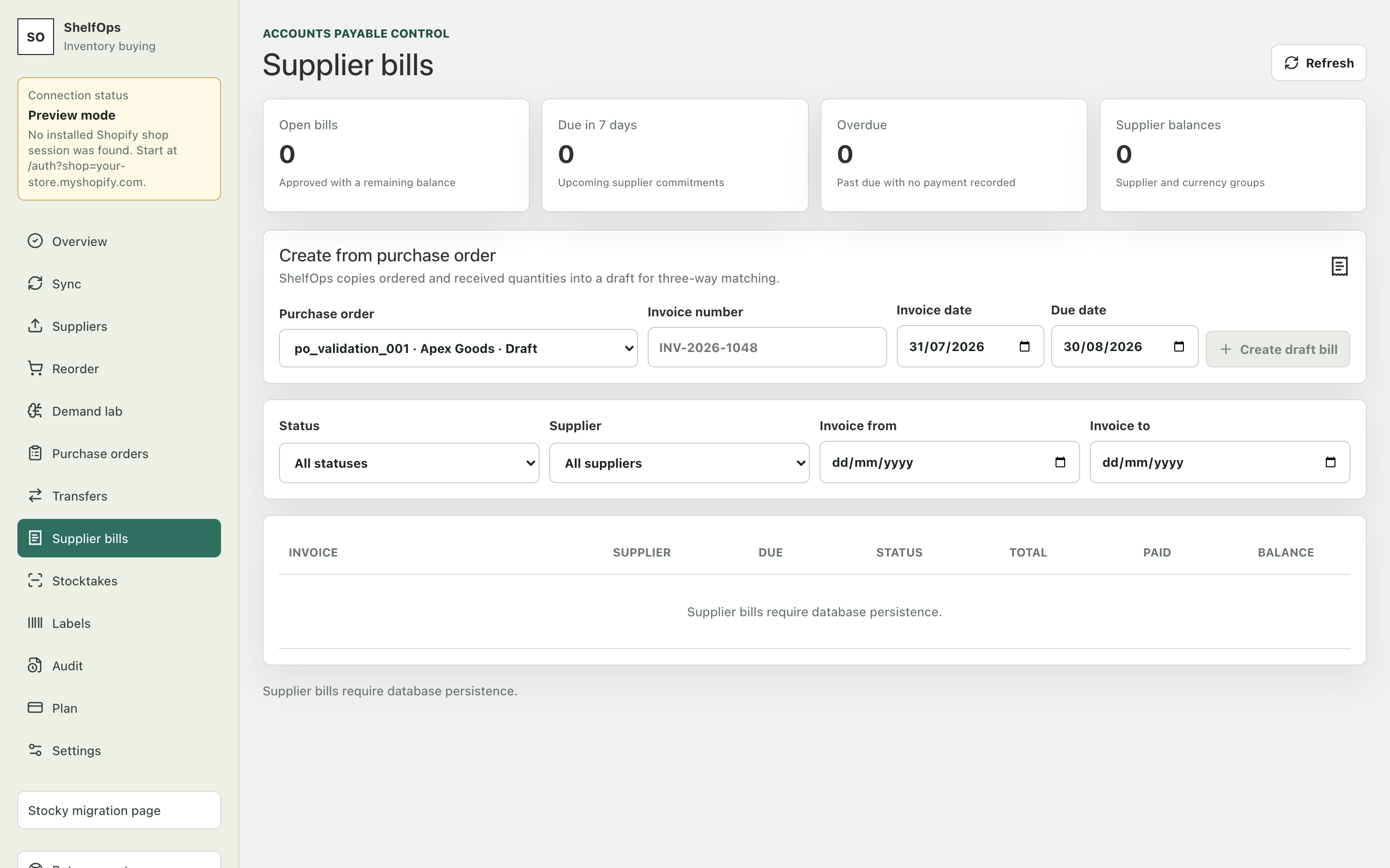 ShelfOps Supplier bills workspace