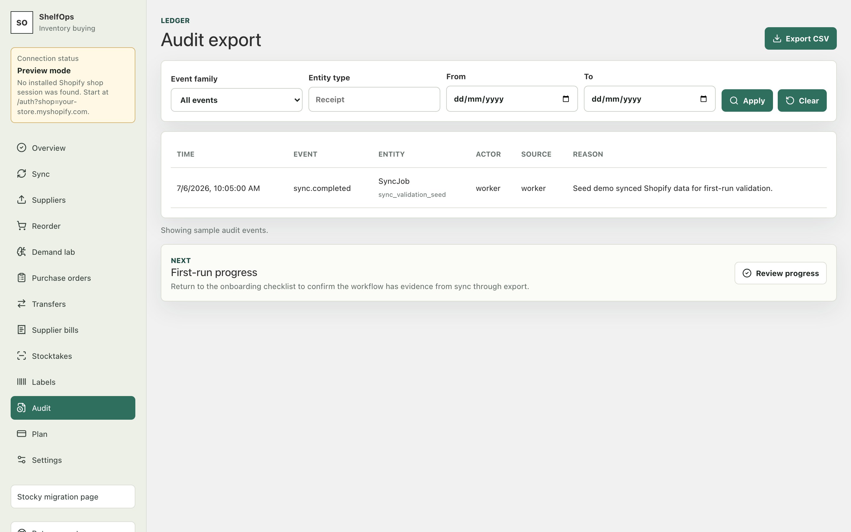 ShelfOps audit event export workspace